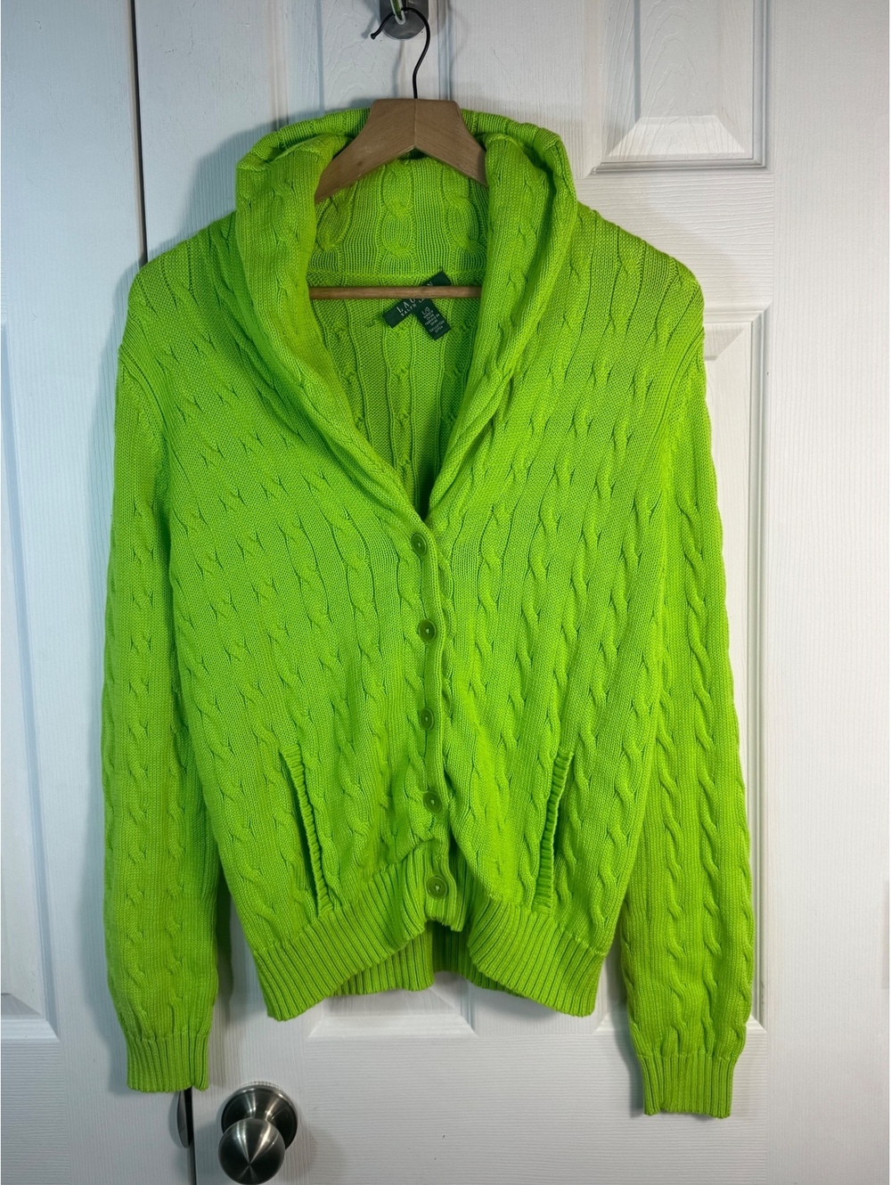 Lauren Ralph Lauren Lime Green Cable Knit Button-Up Sweater Cardigan Large